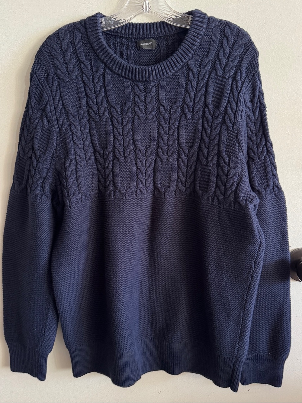 J. Crew Navy Cable Knit Textured Detail Crewneck Sweater L 100% Cotton Fall